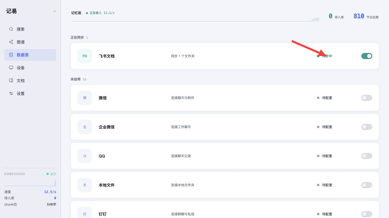 红色箭头指向飞书文档的同步中按钮