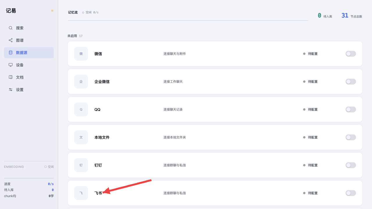 红色箭头指向数据源列表中的飞书