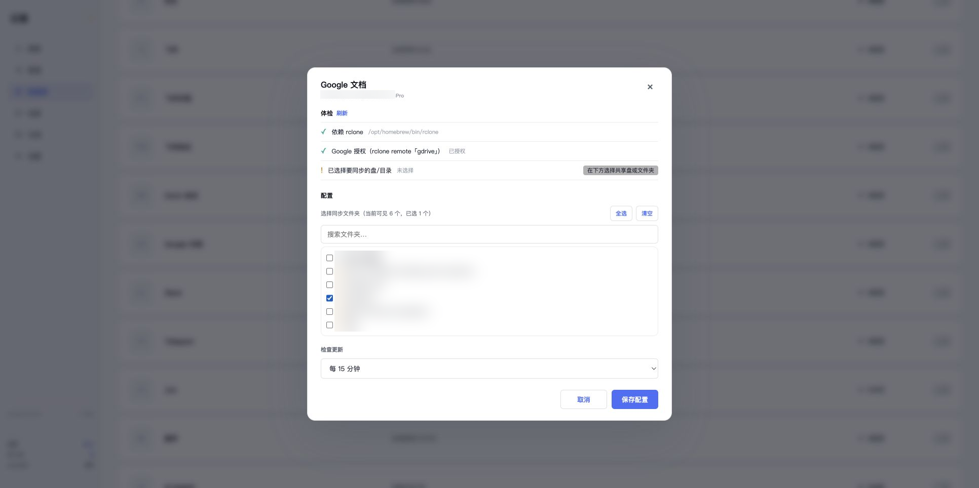 勾选一个真实 Google Drive 共享盘,名称已模糊