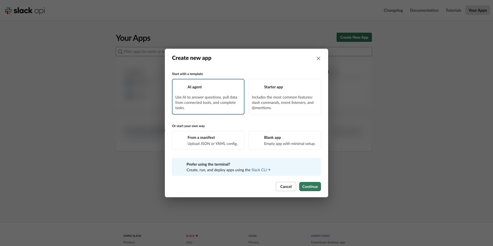 真实 Slack 创建应用窗口,选择 Blank app
