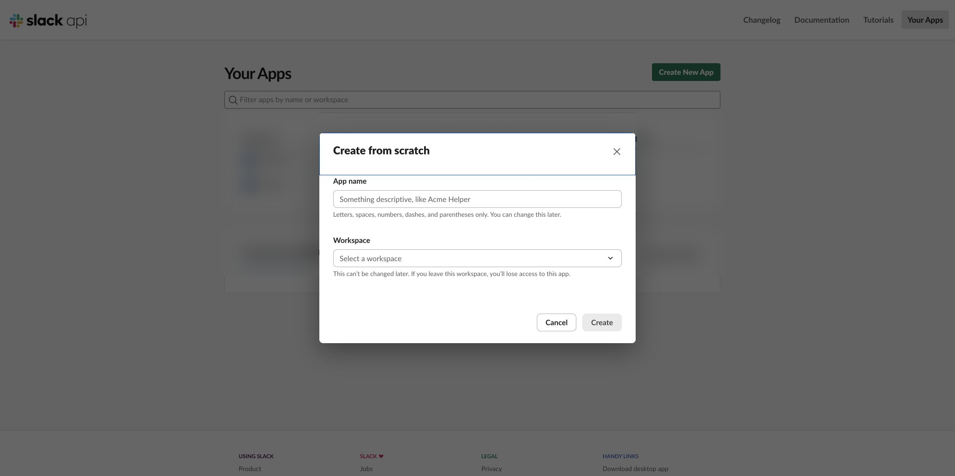 真实 Slack Create from scratch 表单,填写应用名称并选择工作区