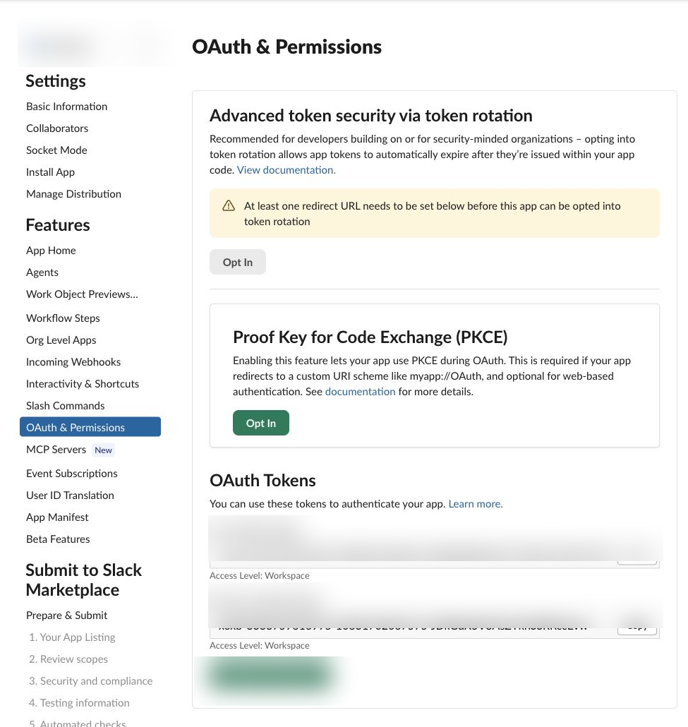 真实 Slack OAuth 与权限页面,App 和 Token 已模糊