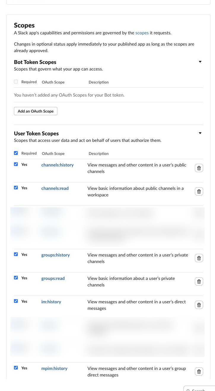 真实 Slack User Token Scopes 权限列表,无关写入权限已模糊