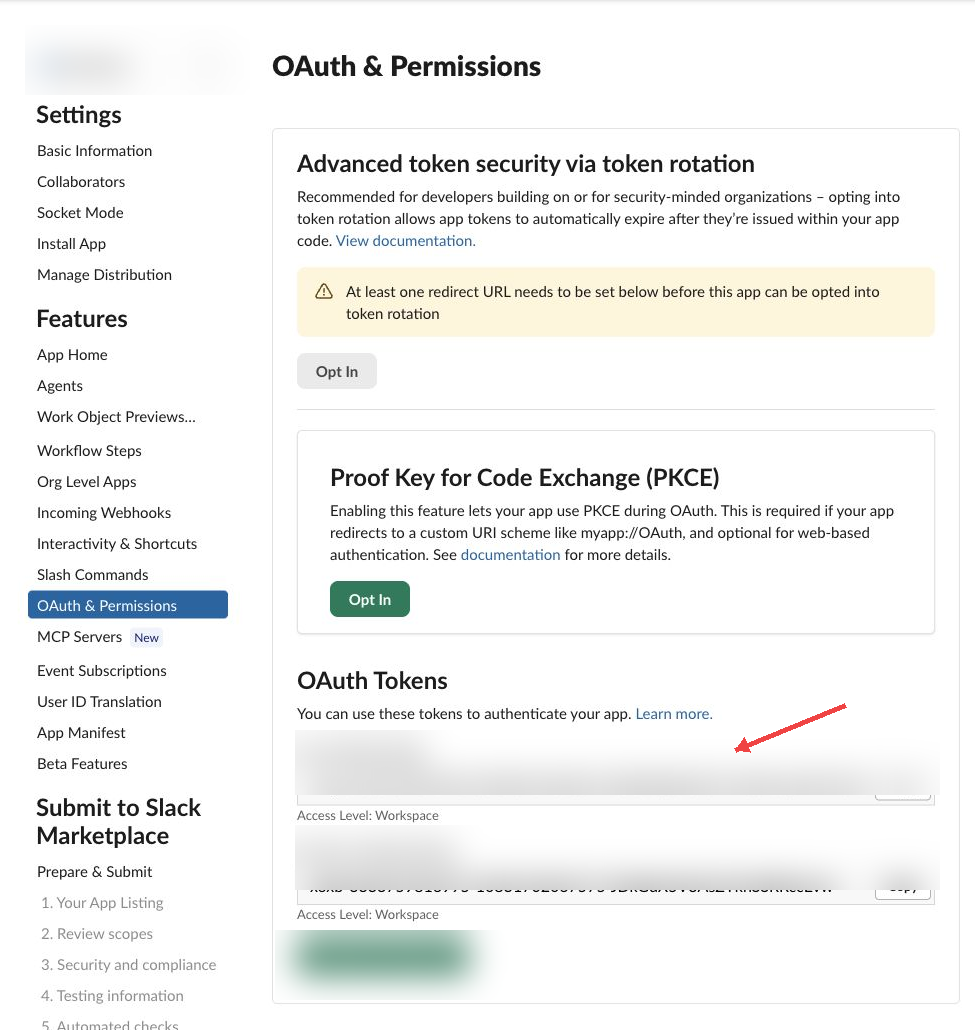 真实 Slack OAuth Tokens 页面,红色短箭头指向已模糊的 User OAuth Token